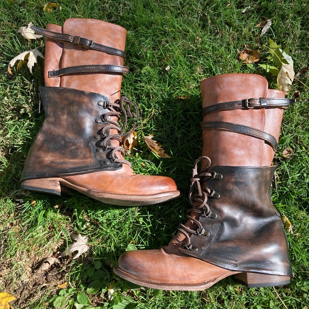Freebird Ravi Mid-Calf Distressed Brown Leather Two Tone Leather Moto Boots 10